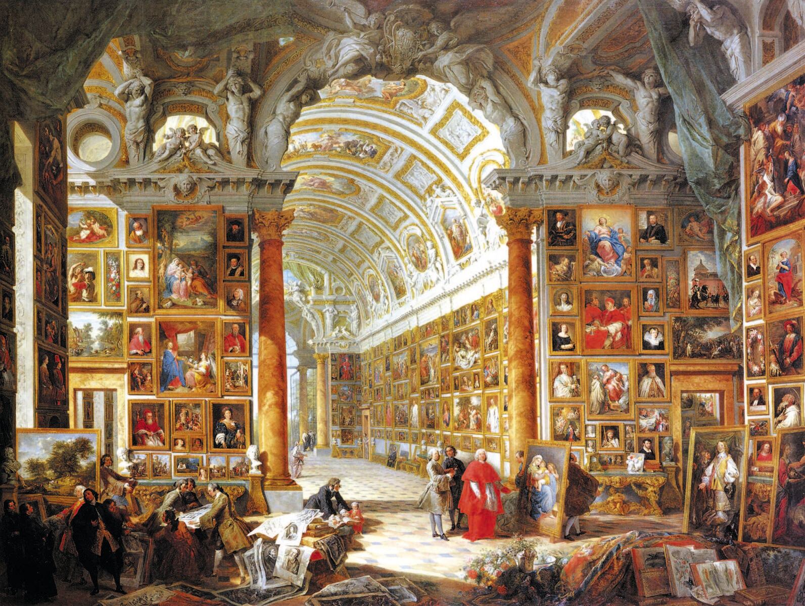 La galería del cardenal Silvio Valenti Gonzaga (Giovanni Paolo Pannini, 1749). Wikimedia Commons / The Ella Gallup Sumner and Mary Catlin Sumner Collection Fund