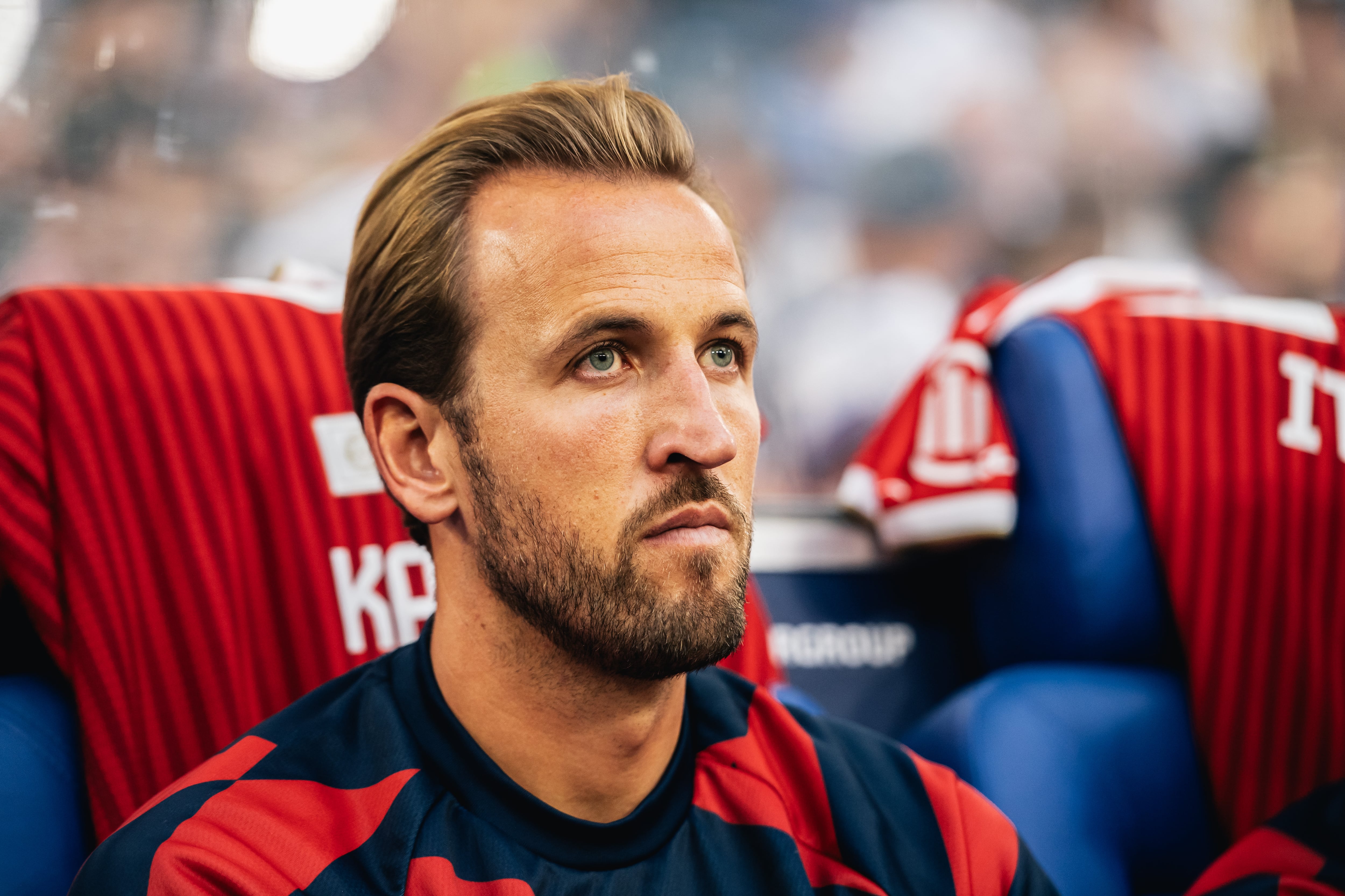 Harry Kane of FC Bayern Munich looks on prior to the Bundesliga match between FC Schalke 04 and FC Bayern Munich at Veltins-Arena in Gelsenkirchen, Germany, on September 5, 2026. (Photo by Hesham Elsherif/NurPhoto via Getty Images)