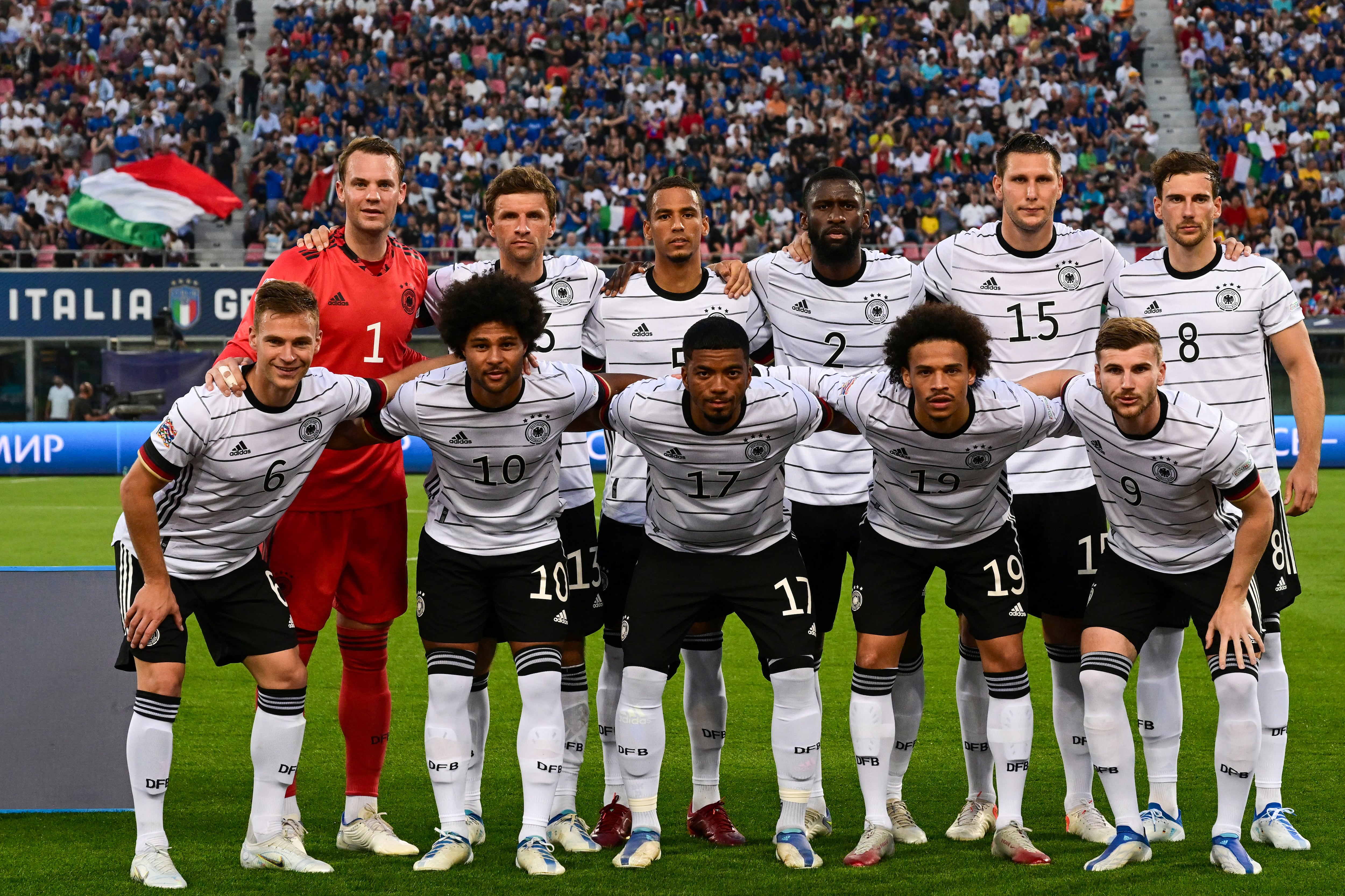 (From L, Rear) Germany's goalkeeper Manuel Neuer, Germany's forward Thomas Mueller, Germany's defender Thilo Kehrer, Germany's defender Antonio Ruediger, Germany's defender Niklas Suele and Germany's midfielder Leon Goretzka and (From L, Front) Germany's midfielder Joshua Kimmich, Germany's forward Serge Gnabry, Germany's defender Benjamin Henrichs, Germany's midfielder Leroy Sane and Germany's forward Timo Werner pose for a team photo prior to the UEFA Nations League - League A, Group 3 first leg football match between Italy and Germany on June 4, 2022 at the Renato Dall'Ara stadium in Bologna. (Photo by Miguel MEDINA / AFP)