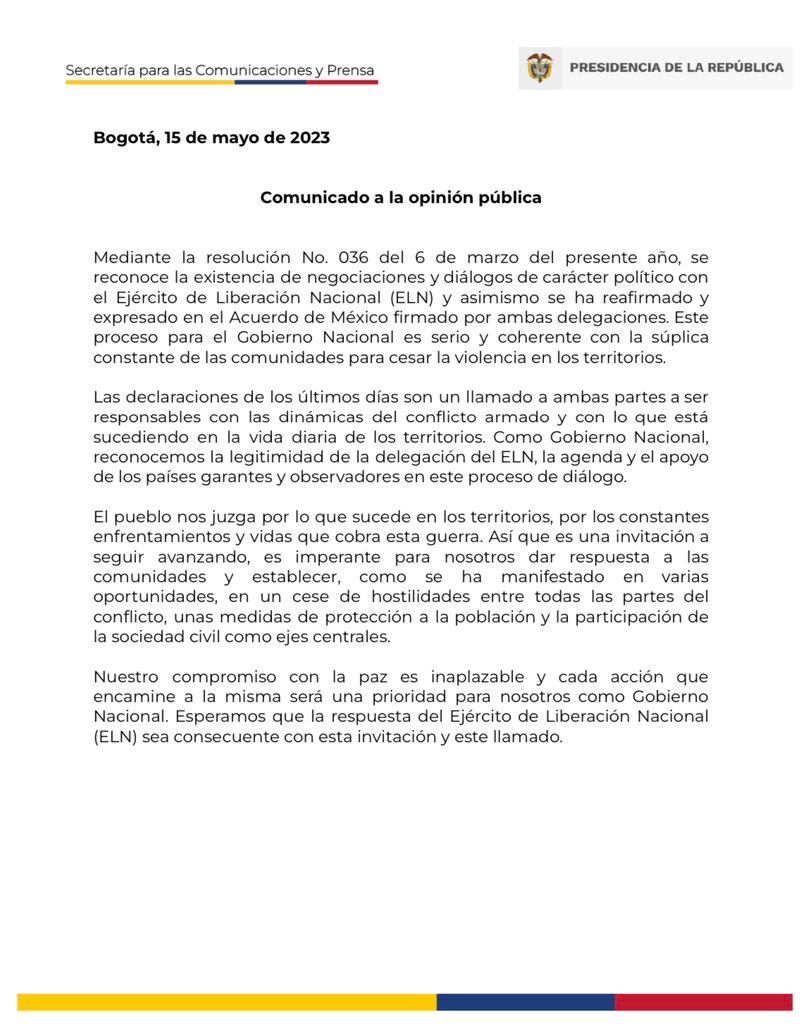 Comunicado de la Presidencia de la República sobre los diálogos de paz con el ELN