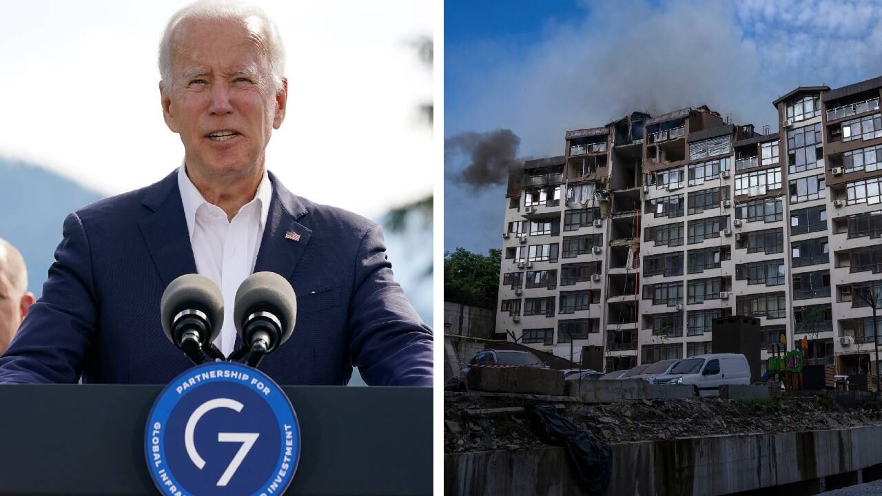 El mandatario estadounidense Joe Biden rechazó el ataque a un edificio en Kiev por el ejército ruso. Foto: Susan Walsh, Nariman El-Mofty / AP. Montaje SEMANA.