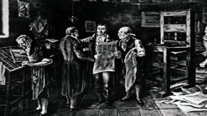 Antonio Nariño en la imprenta, una fotolitografía anónima que ilustra un episodio de la traducción de los Derechos del Hombre