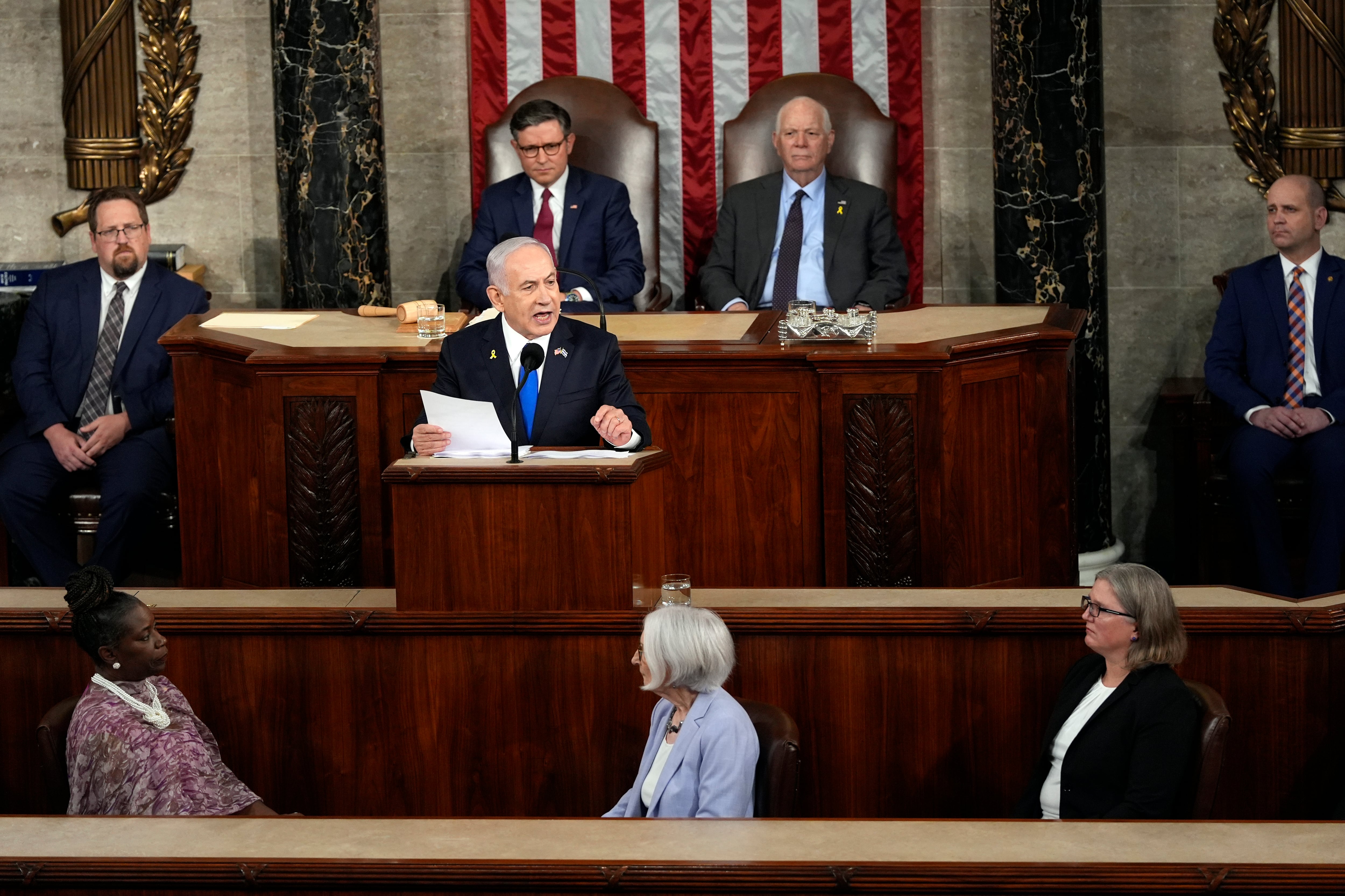 El primer ministro israelí, Benjamin Netanyahu, habla en una reunión conjunta del Congreso en el Capitolio de Washington, el miércoles 24 de julio de 2024. (Foto AP/Julia Nikhinson)