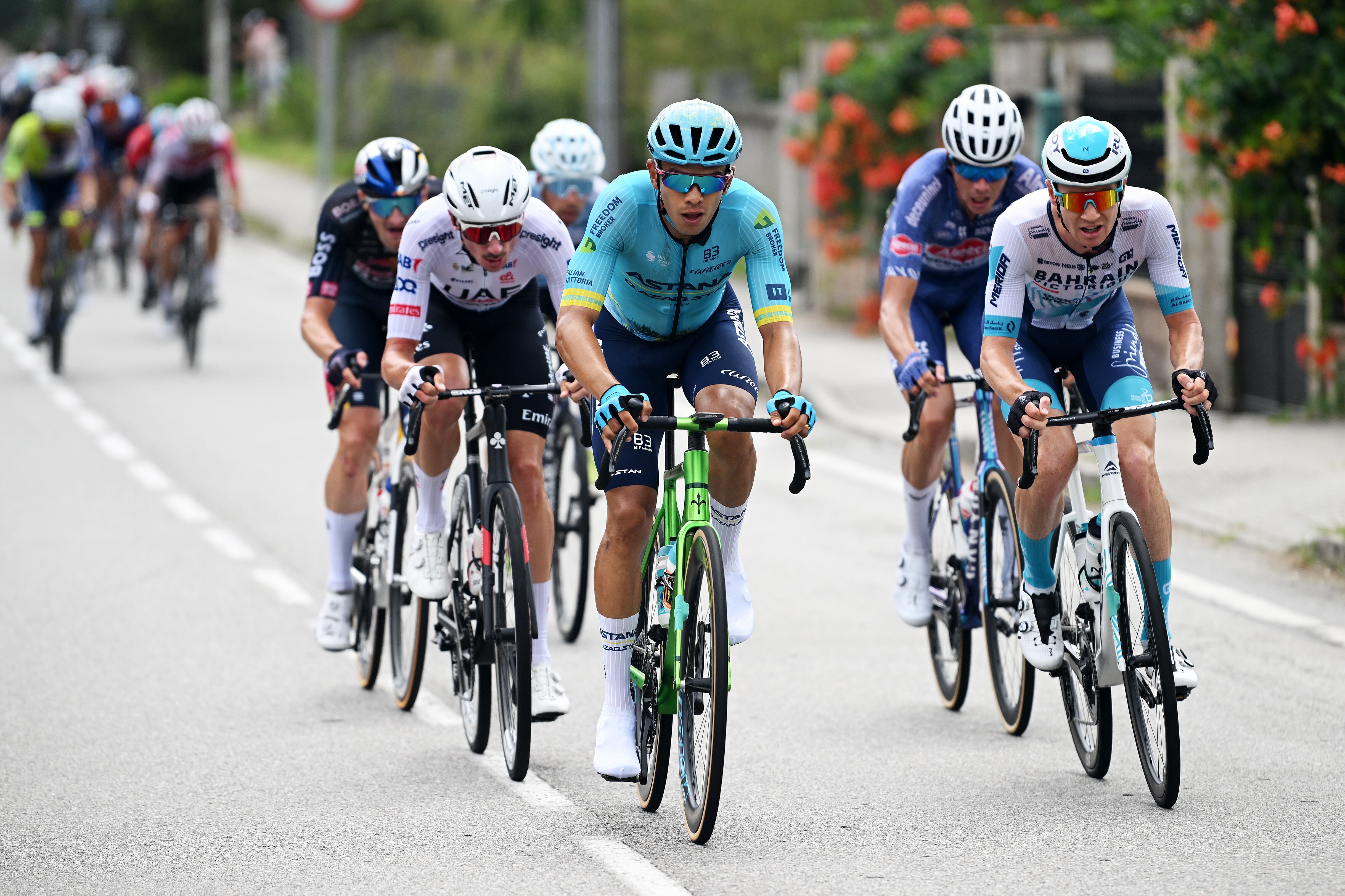 PADRON, SPAIN - AUGUST 28: (L-R) Harold Tejada of Colombia and Team Astana Qazaqstan and Jack Haig of Australia and Team Bahrain Victorious compete during the La Vuelta - 79th Tour of Spain 2024, Day 11 a 166.5km stage from Padron to Padron / #UCIWT / on August 28, 2024 in Padron, Spain. (Photo by Dario Belingheri/Getty Images)