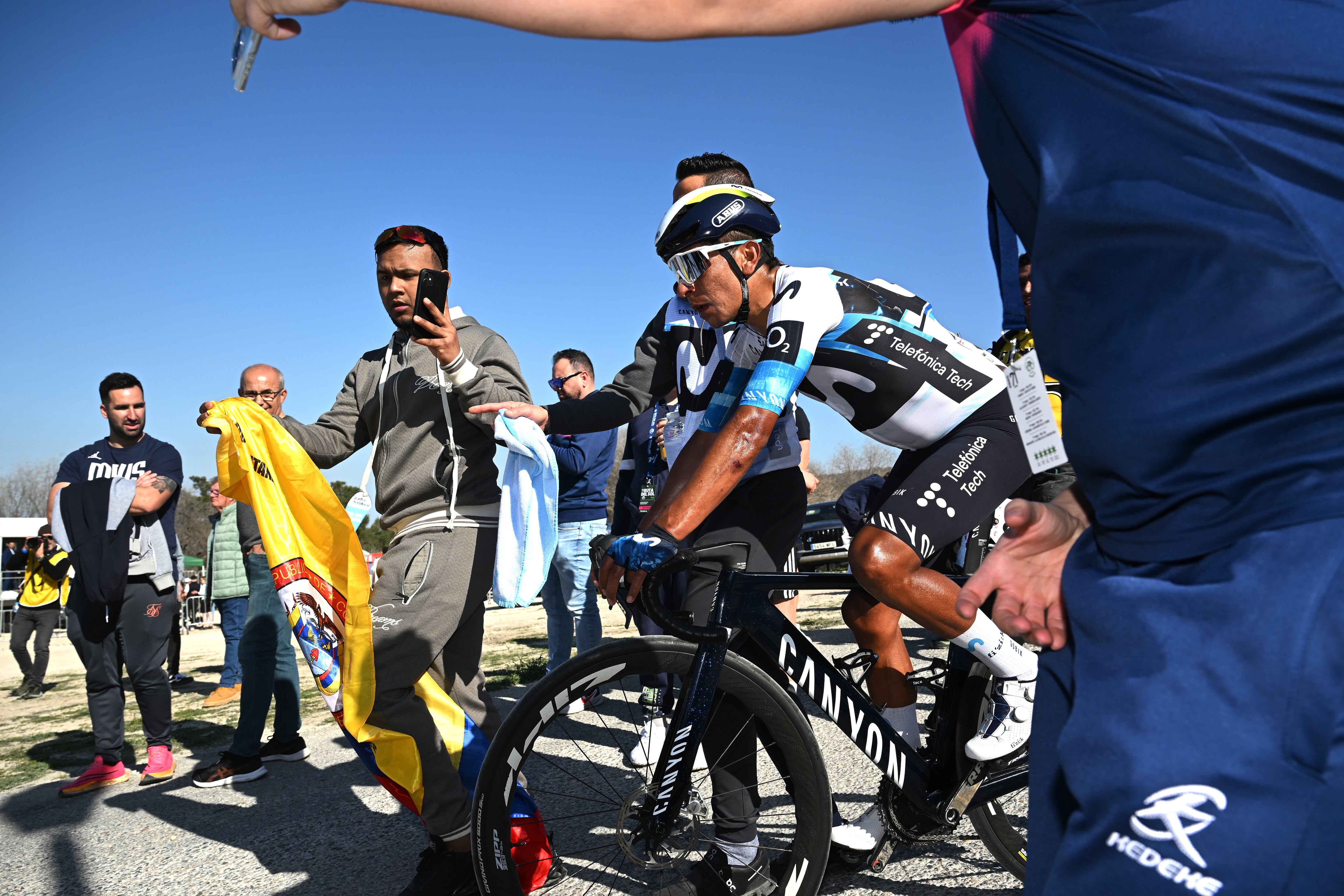 TORREDELCAMPO, SPAIN - FEBRUARY 20: Nairo Quintana of Colombia and Movistar Team reacts after the 71st Vuelta a Andalucia Ruta Ciclista Del Sol 2025, Stage 2 a 133.2km stage from Alcaudete to Torredelcampo on February 20, 2025 in Torredelcampo, Spain. (Photo by Szymon Gruchalski/Getty Images)