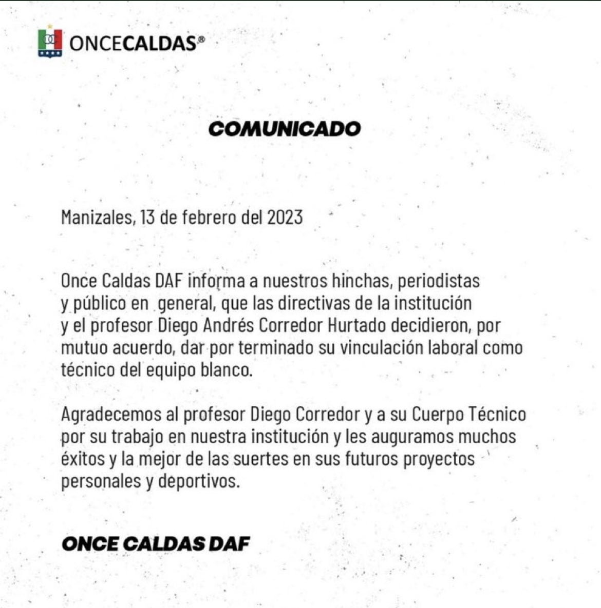 El comunicado con el que oficializaron la salida de Diego Corredor