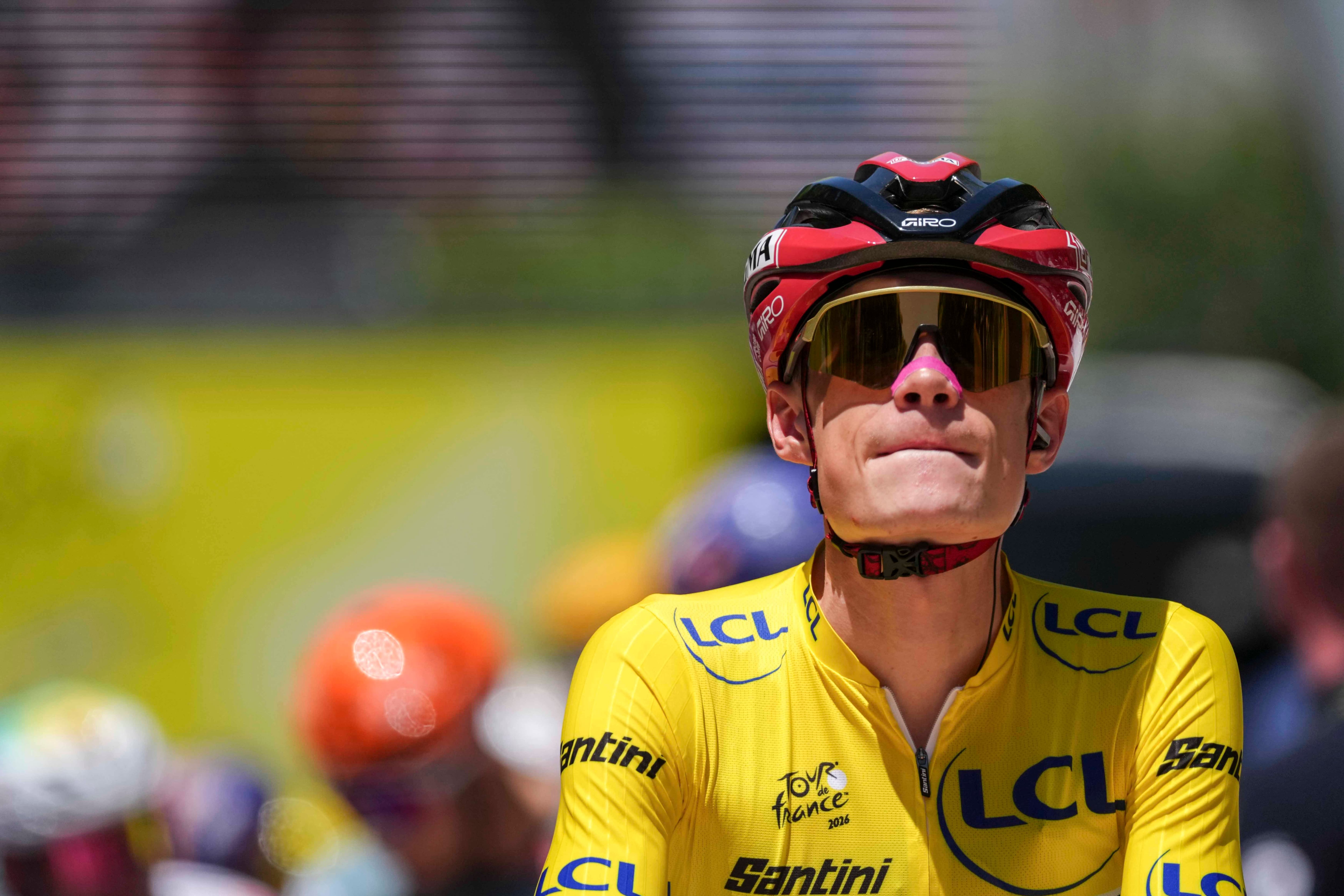 Denmark's Jonas Vingegaard, wearing the overall leader's yellow jersey, during the second stage of the Tour de France cycling race over 168.5 kilometers (104.3 miles) with start in Tarragona and finish in Barcelona, Spain, Sunday, July 5, 2026. (AP Photo/Thibault Camus)