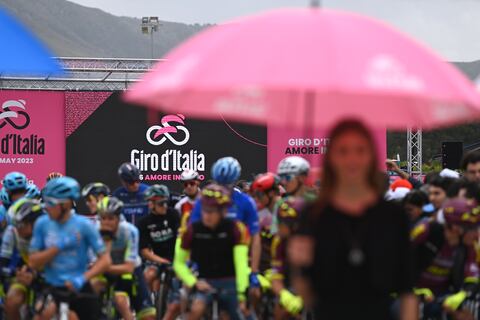 CAPUA, ITALY - MAY 12: Logo detail view prior to 106th Giro d'Italia 2023, Stage 7 a 218km stage from Capua to Gran Sasso d'Italia, Campo Imperatore 2123m / #UCIWT / on May 12, 2023 in Capua, Italy. (Photo by Tim de Waele/Getty Images)
