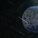 La escena de la lluvia de meteoritos de la Tierra en 3D creada y modelada en Adobe After Effects y las texturas de los planetas se tomaron del sitio web oficial de Solar System Scope (https://www.solarsystemscope.com/textures/)