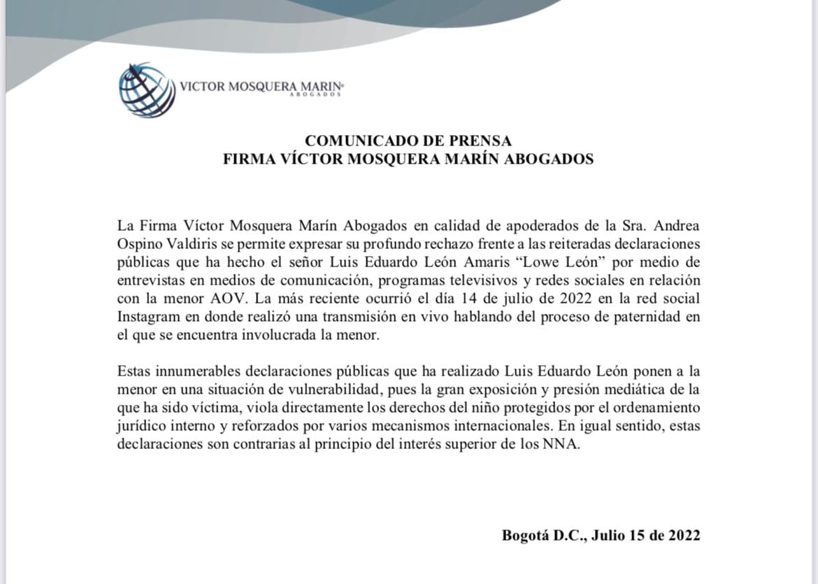 Comunicado oficial abogados Andrea Valdiri
