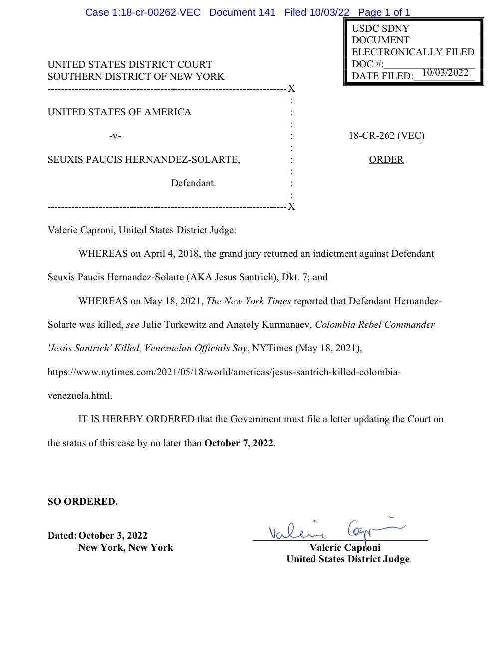 Juez federal pide confirmar la muerte de Jesús Santrich.