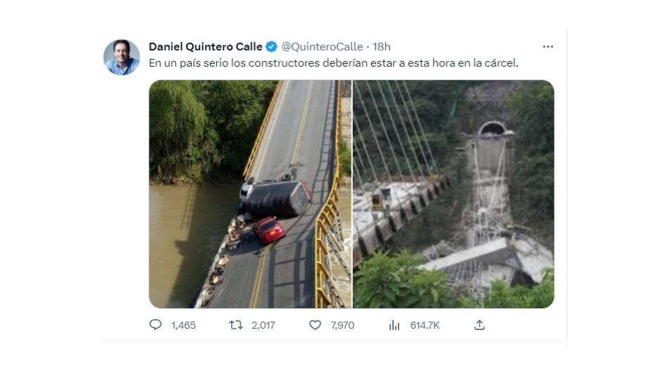 Trino del alcalde Daniel Quintero sobre el colapso del puente El Alambrado en Quindío.