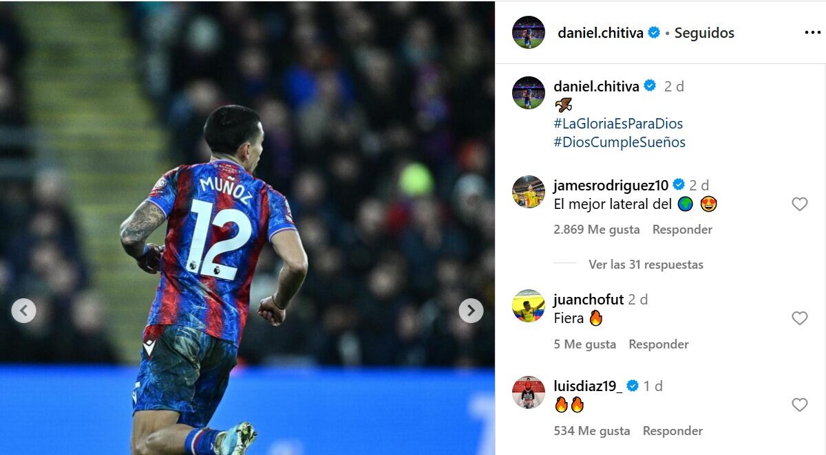 Comentario de James Rodríguez al post de Daniel Muñoz.