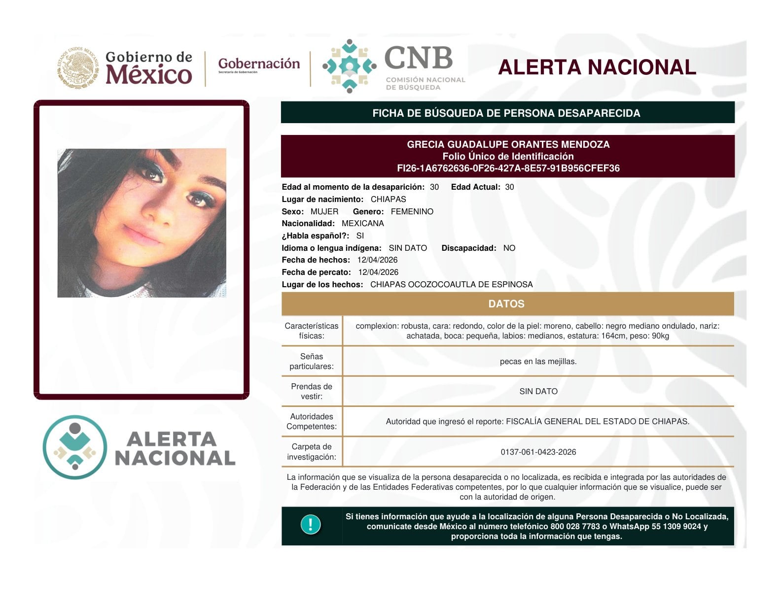 Ficha de búsqueda de Grecia Guadalupe Orantes Mendoza.