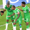 BOGOTA, COLOMBIA - JANUARY 29: Players of Nacional celebrate their second goal during a match between Millonarios and Atletico Nacional a spart Liga BetPlay at Estadio El Campin on January 29, 2022 in Bogota, Colombia. (Photo by VIEW press/Corbis via Getty Images)