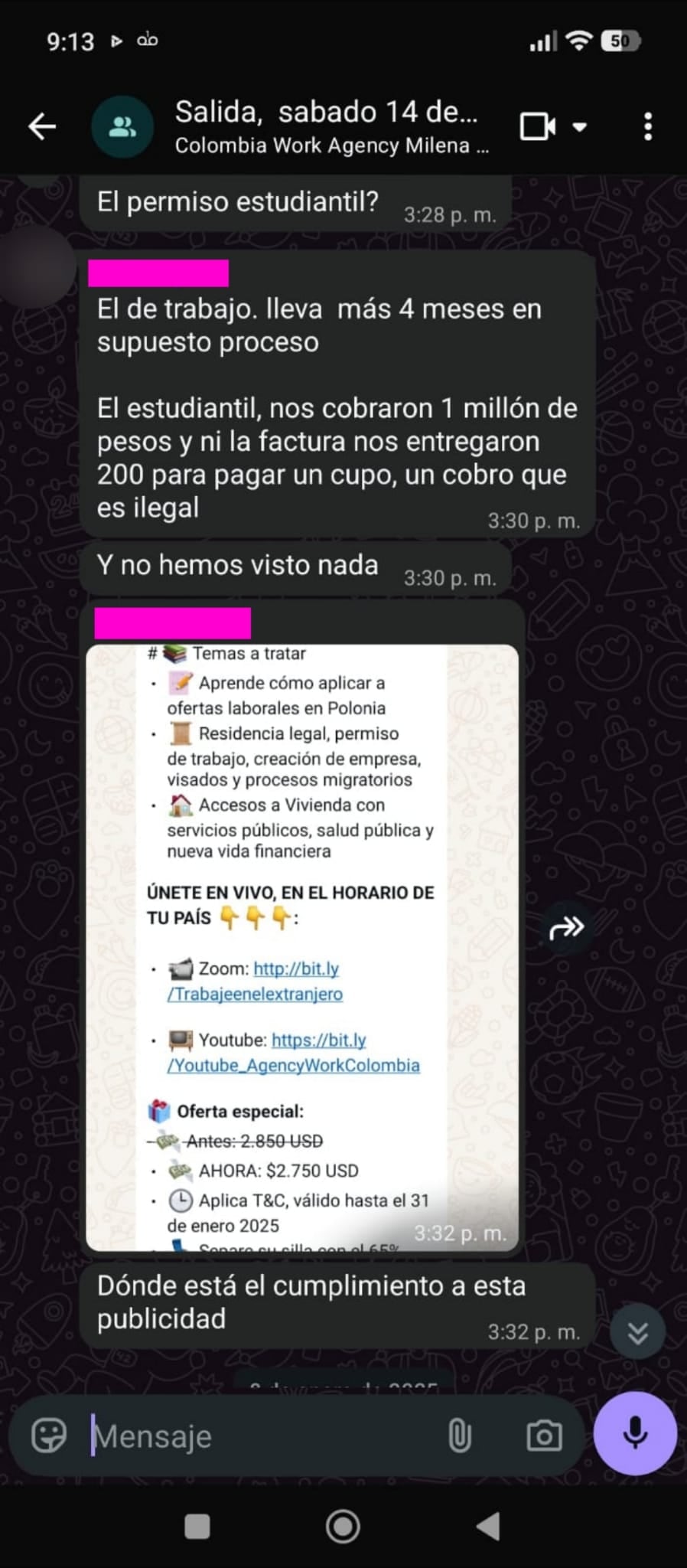 Chats de reclamo hacia Colombia Global Work Agency por incumplimientos.