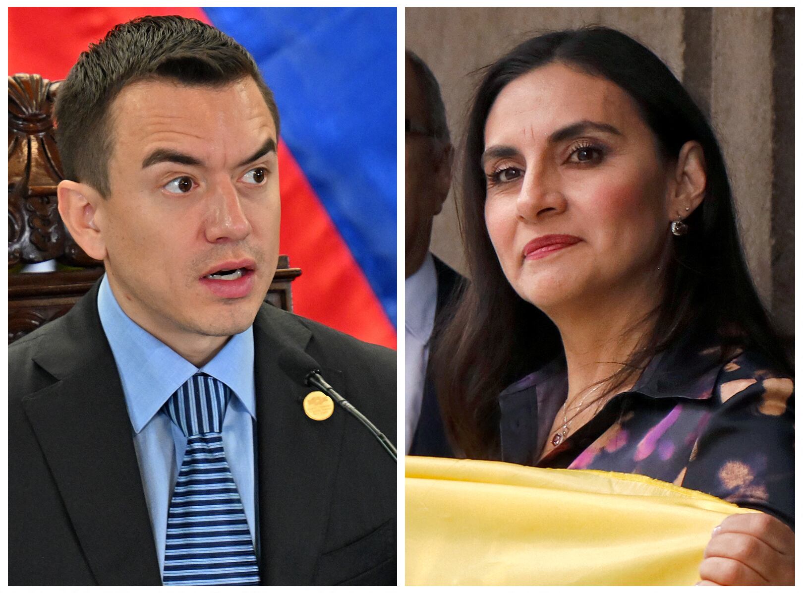 Esta combinación de imágenes de archivo creadas el 7 de enero de 2025 muestra al presidente de Ecuador, Daniel Noboa (izq.), hablando durante la reunión presidencial Perú-Ecuador y el XV gabinete binacional de ministros en el Palacio Presidencial de Lima el 4 de julio de 2024. Y la Vicepresidenta de Ecuador, Verónica Abad, sosteniendo una bandera ecuatoriana frente a la sede de la Vicepresidencia en Quito el 23 de diciembre de 2024.