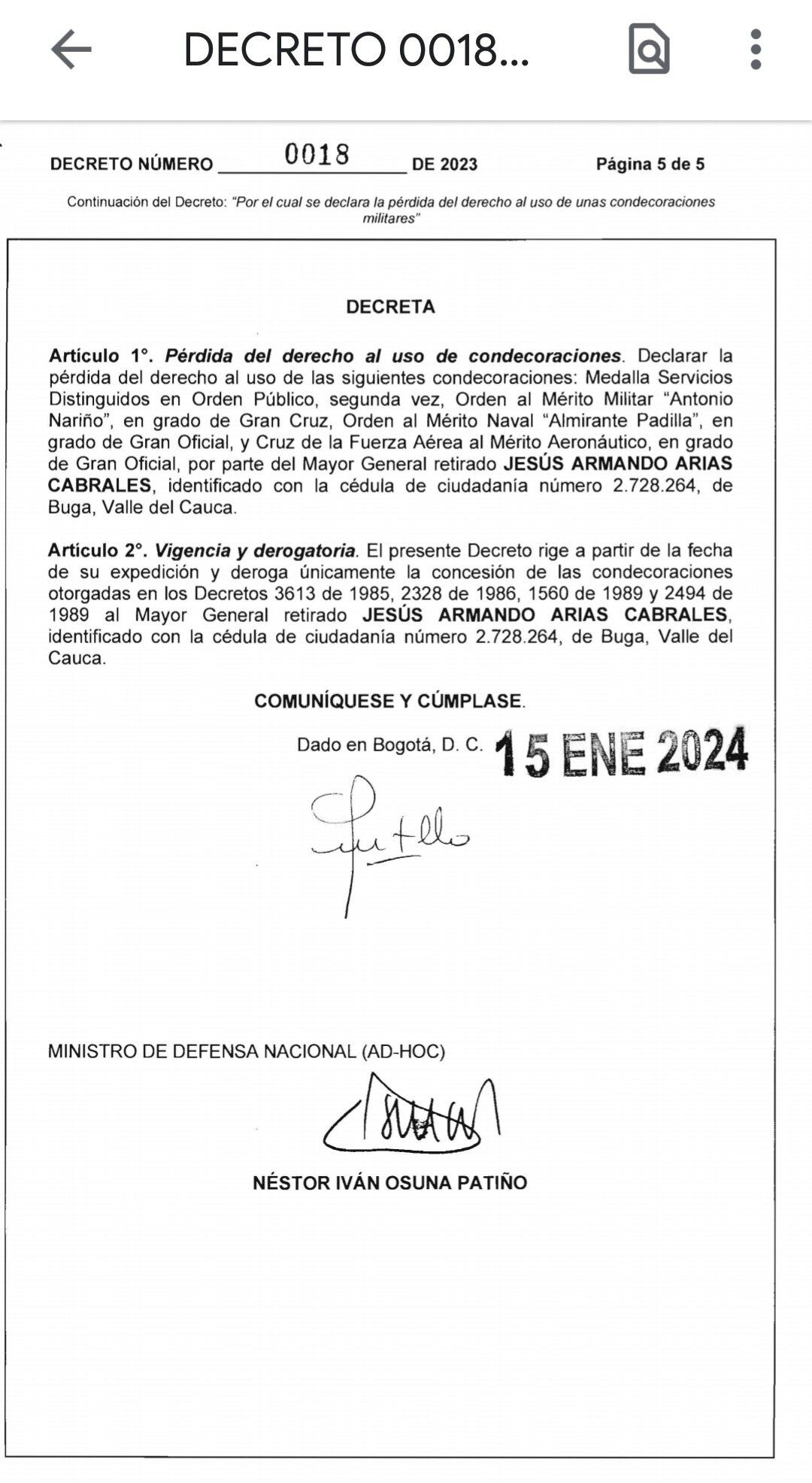 Ministerio de Justicia le retiró las condecoraciones otorgadas a Jesús Armando Arias Cabrales, condenado por los desaparecidos del Palacio de Justicia.