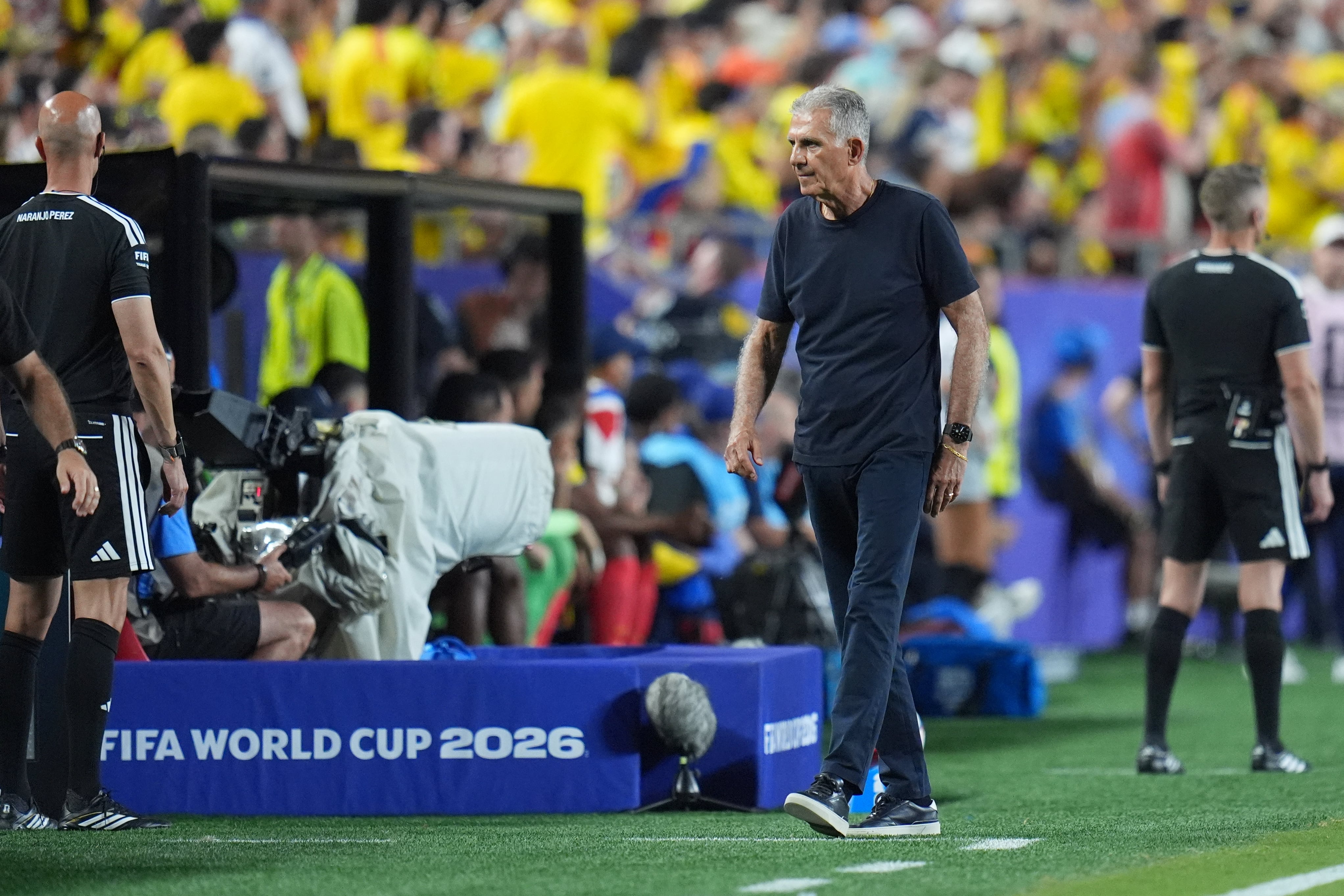 Ghana head coach Carlos Queiroz walks on the sideline during the World Cup round of 32 soccer match between Colombia and Ghana in Kansas City, Mo., Friday, July 3, 2026. (AP Photo/Jeff Roberson)