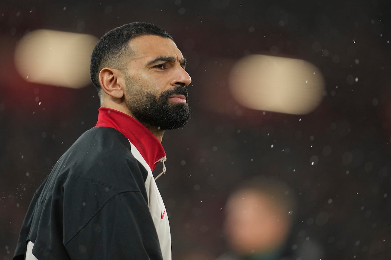 Liverpool's Mohamed Salah prepares to start the English Premier League soccer match between Liverpool and Newcastle United at Anfield in Liverpool, Wednesday, Feb. 26, 2025. (AP Photo/Jon Super)
