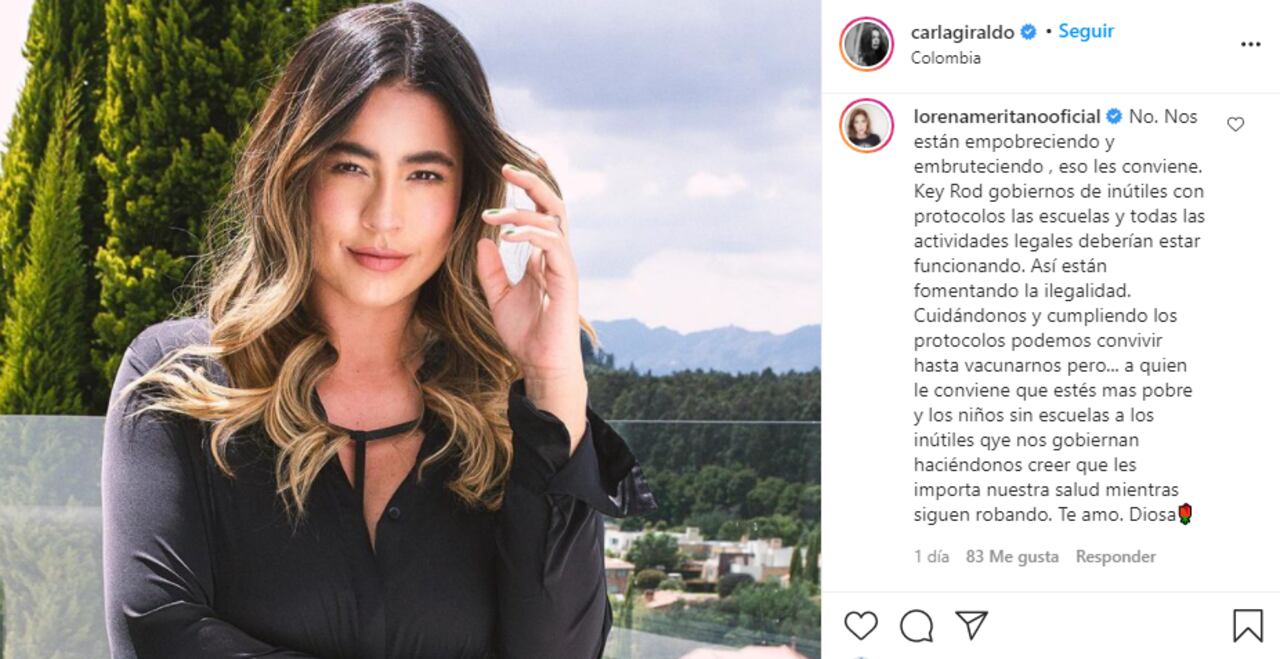 Respuesta Lorena Meritano a Carla Giraldo en redes.