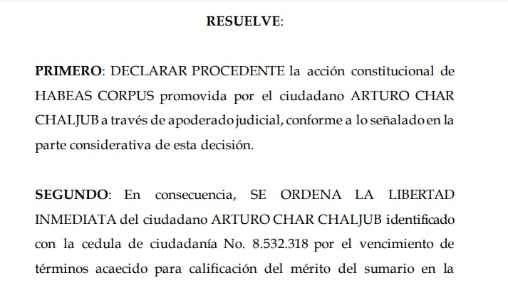 Un juez de Santa Marta ordenó la libertad de Arturo Char por vencimiento de términos