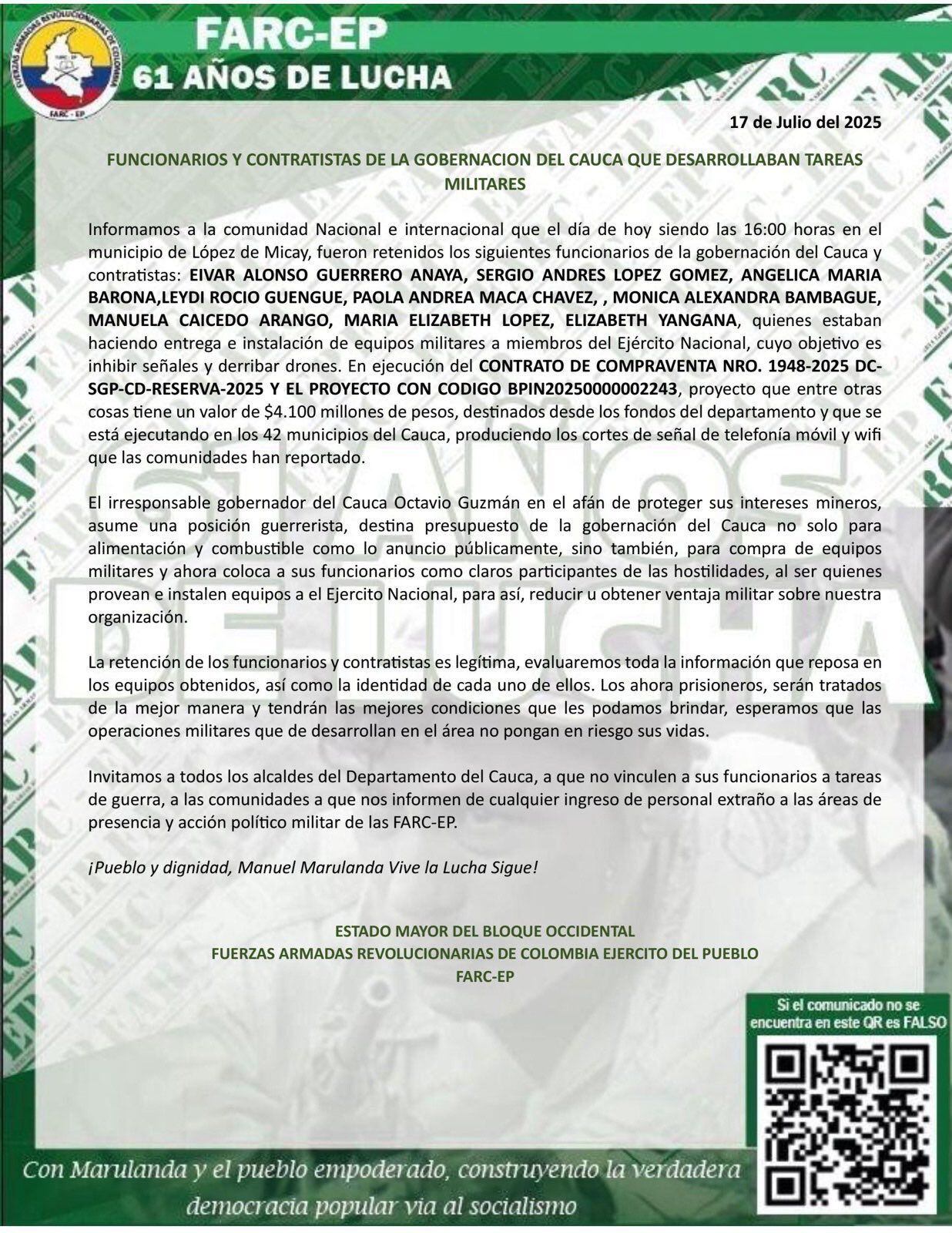 Este es el comunicado de las disidencias de las Farc.