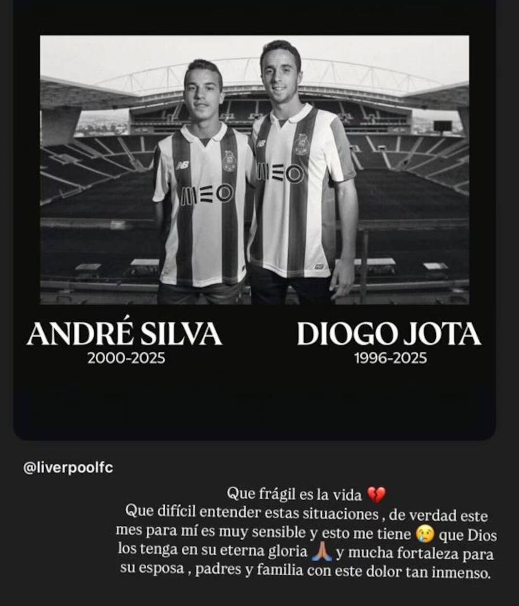 La publicación con la que Daniela Ospina lamentó el fallecimiento del jugador del Liverpool.