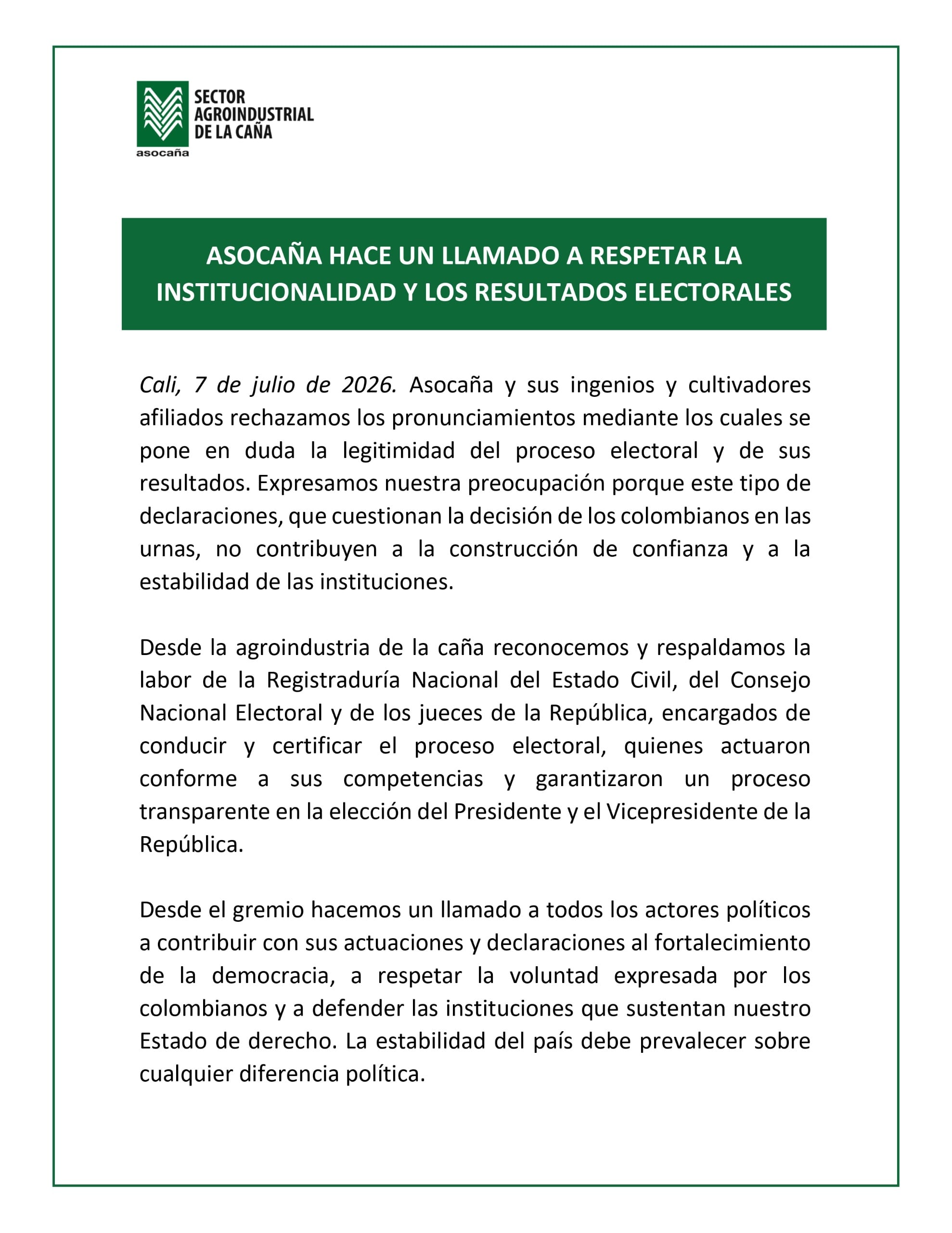 Pronunciamiento Asocaña.