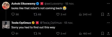 Un comentario irónico de Ashok Elluswamy provocó una rápida y divertida respuesta del perfil oficial de Tesla, reflejando la personalidad del robot Optimus en redes sociales.