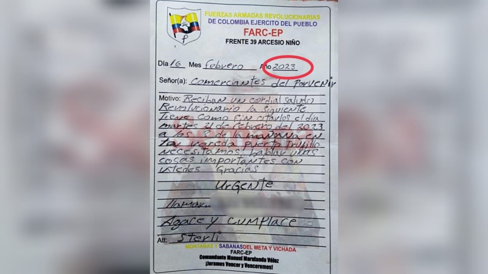 SEMANA conoció este panfleto en donde las disidencias de las Farc citan a comerciantes en el Meta.
