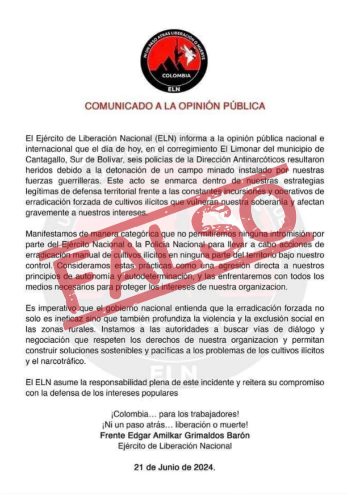 Este es el presunto comunicado del ELN que es falso.