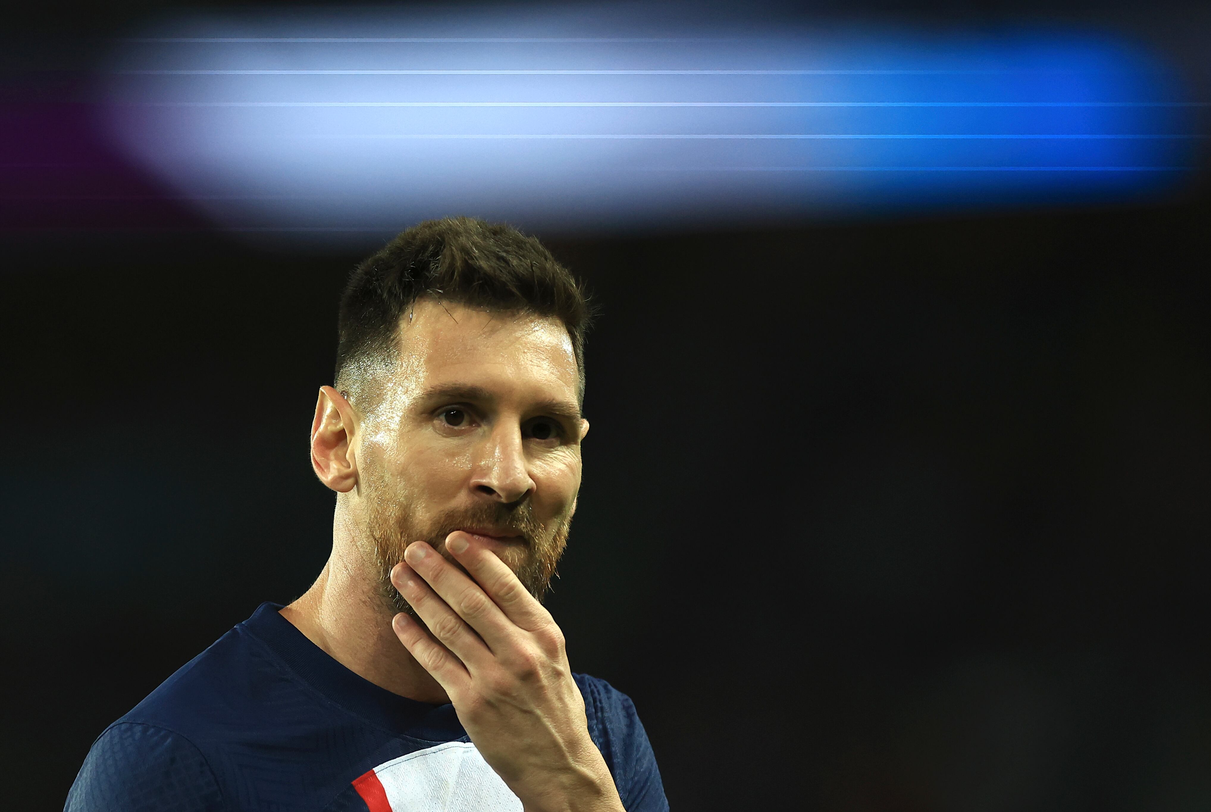 PSG's Lionel Messi reacts during the French League One soccer match between Paris Saint-Germain and Nice at the Parc des Princes in Paris, Saturday, Oct. 1, 2022. (AP Photo/Aurelien Morissard)