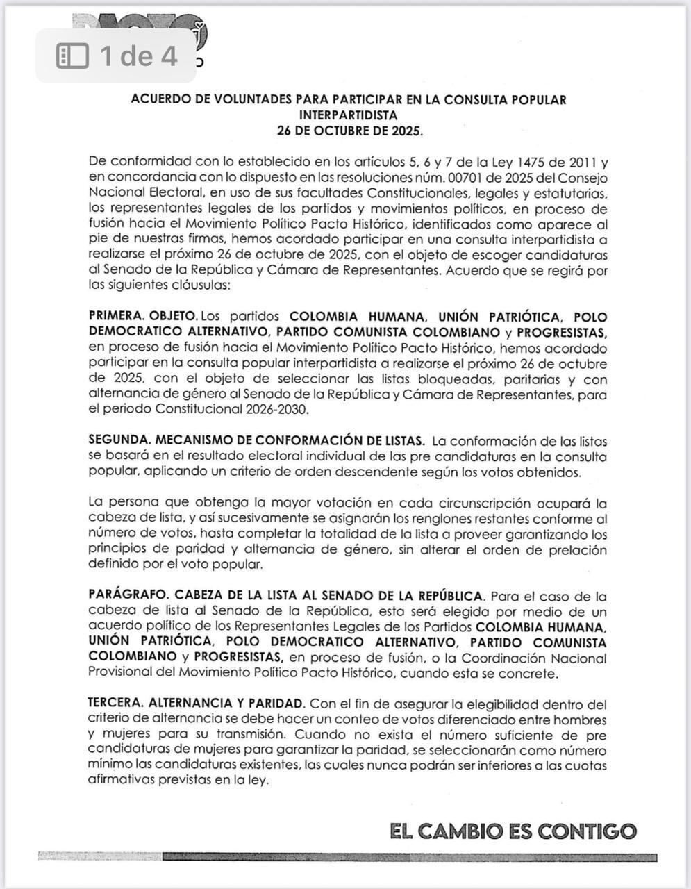 Este fue el acuerdo político que suscribió el Pacto Histórico para definir la cabeza de lista al Senado.