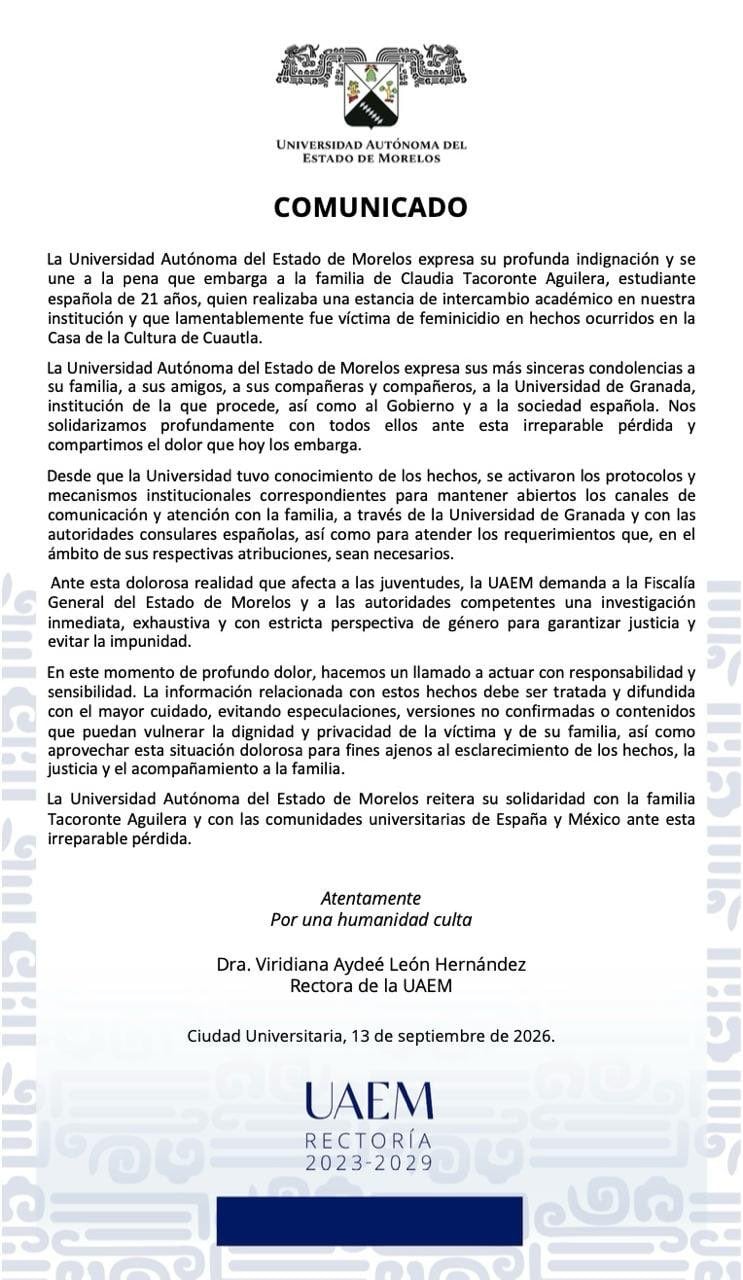 Comunicado de la universidad en Morelos.