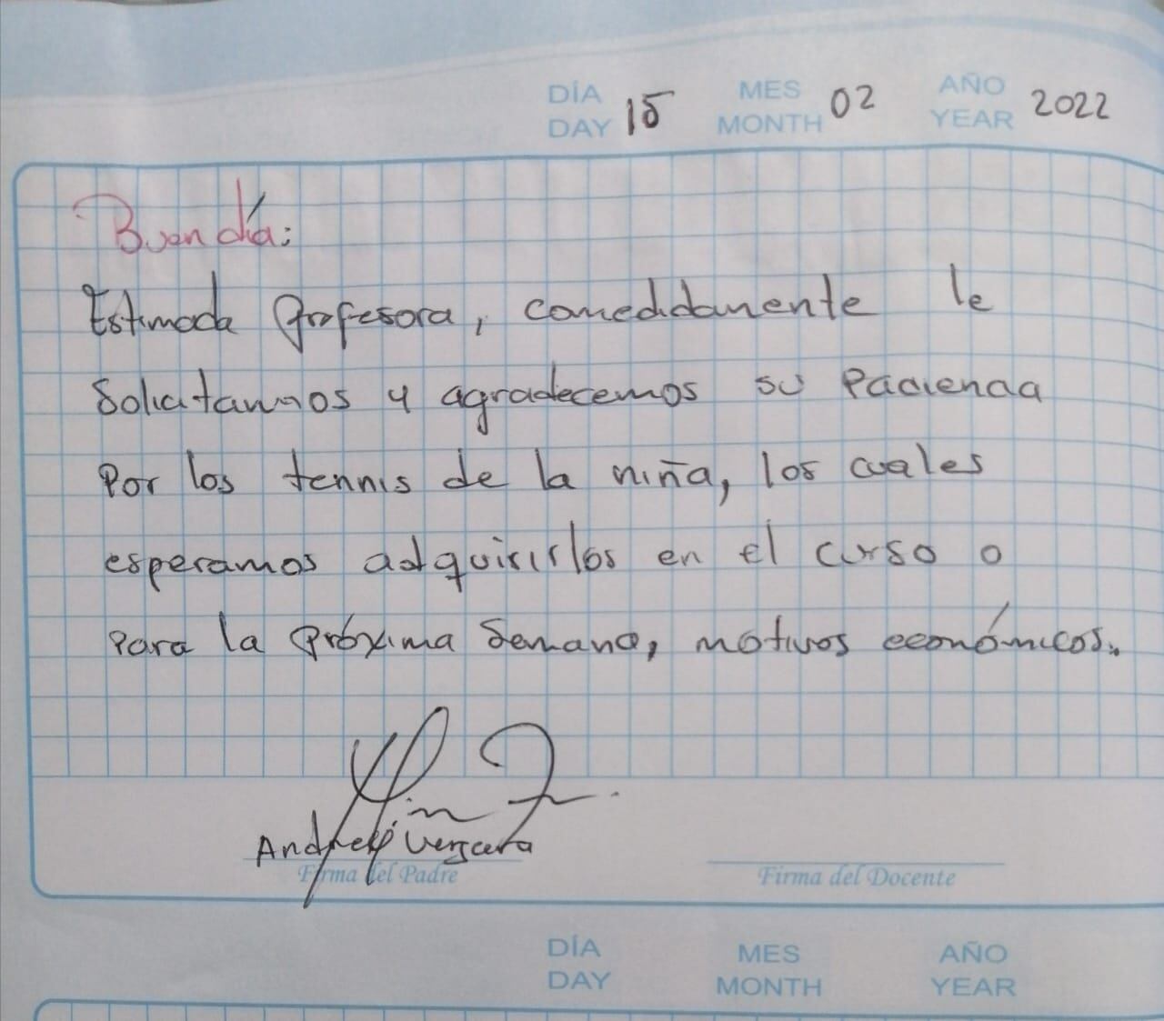 Nota enviada por los padres de la menor al colegio sobre la demora en la compra de los zapatos.