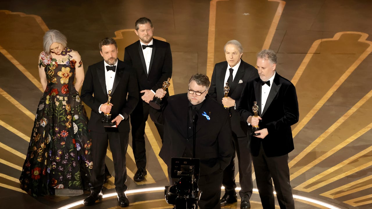 HOLLYWOOD, CALIFORNIA - MARCH 12: (L-R) Lisa Henson, Alexander Bulkley, Corey Campodonico, Guillermo del Toro, Gary Unger, and Mark Gustafson accept the Best Animated Feature Film award for "Guillermo del Toro's Pinocchio" onstage during the 95th Annual Academy Awards at Dolby Theatre on March 12, 2023 in Hollywood, California. (Photo by Kevin Winter/Getty Images)