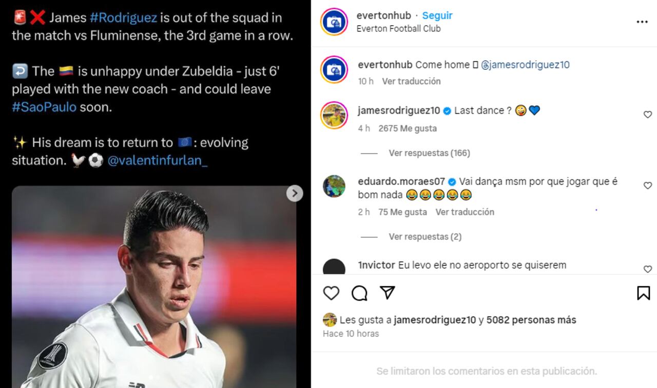 James Rodríguez comentó una publicación de 'Everton Hub'