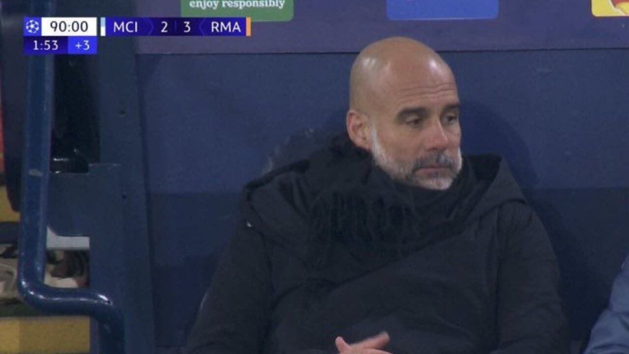 Reacción de Guardiola ante el gol de Bellingham. Imagen captada en vivo.