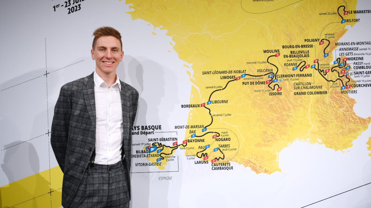 PARIS, FRANCE - OCTOBER 27: Tadej Pogacar of Slovenia and UAE Team Emirates and the map showing the route of the men's race during the 110th Tour de France 2023 and 2nd Tour de France Femmes 2023 - Route Presentation / #TDF2023 / #TDFF2023 / on October 27, 2022 in Paris, France. (Photo by Getty Images/Alex Broadway)