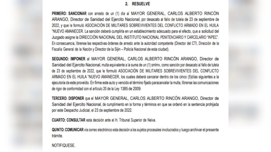 Fallo que ordena arresto contra el director de sanidad del Ejército.