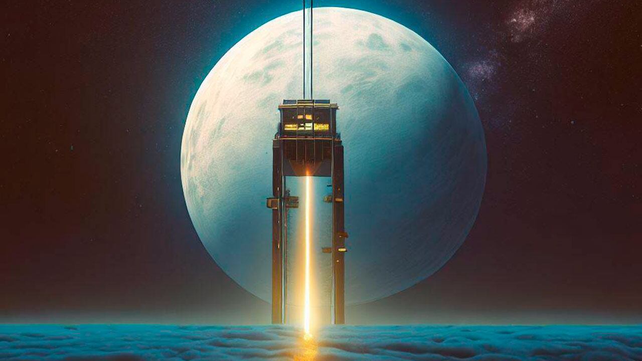Ilustración de cómo luciría un ascensor que conecte a la Tierra con La Luna.