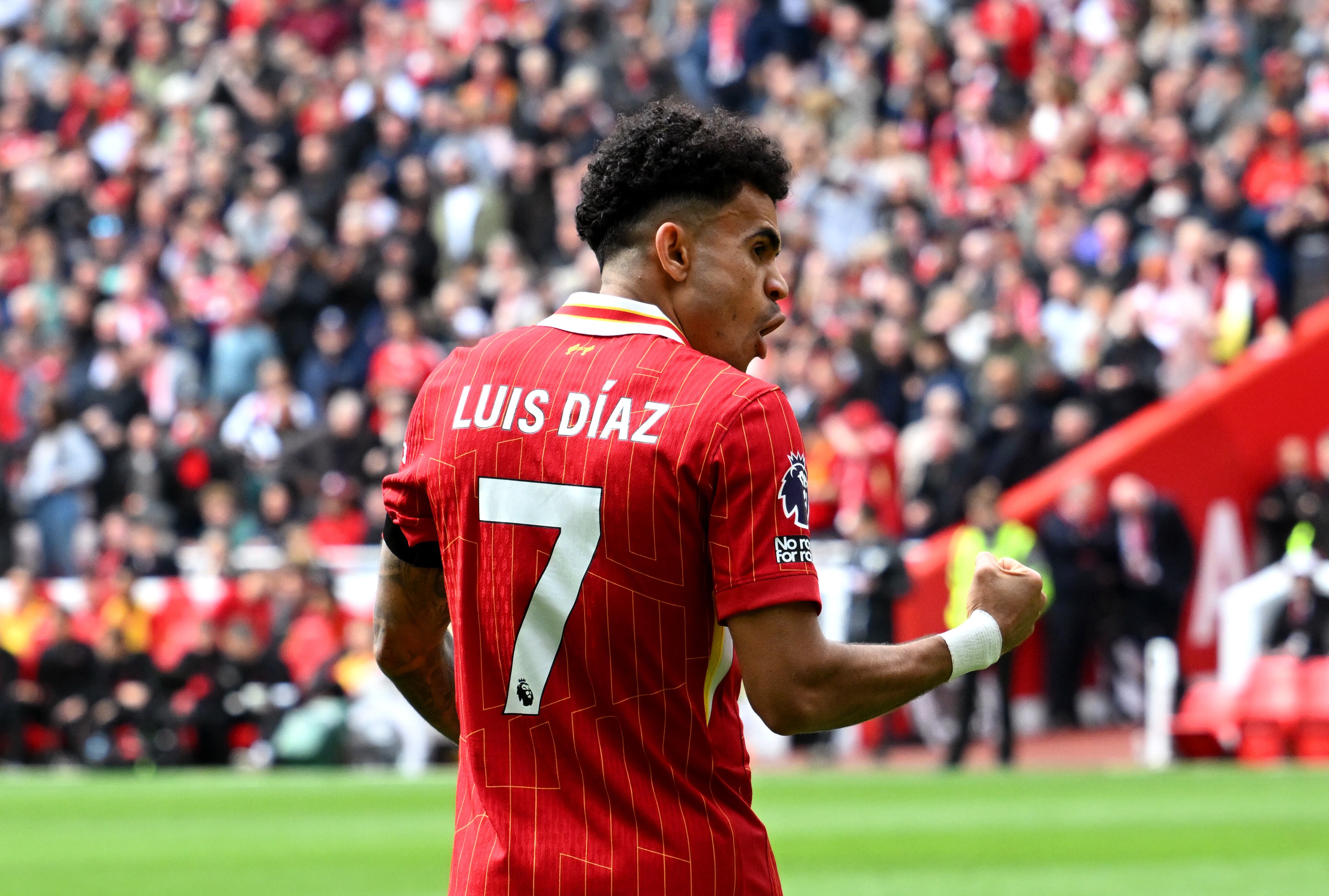 LIVERPOOL, ENGLAND - APRIL 13: (SUN OUT, SUN ON SUNDAY OUT) Luis Diaz of Liverpool celebrates scoring his team's first goal during the Premier League match between Liverpool FC and West Ham United FC at Anfield on April 13, 2025 in Liverpool, England. (Photo by Liverpool FC/Liverpool FC via Getty Images)