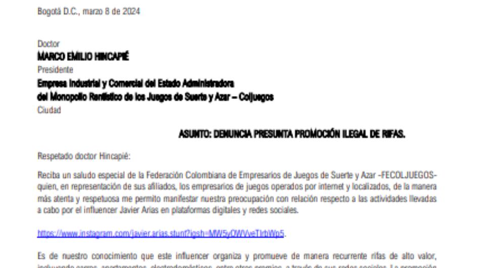 Denuncia de la Federación Colombiana de Empresarios de Juegos de Suerte y Azar (Fecoljuegos).