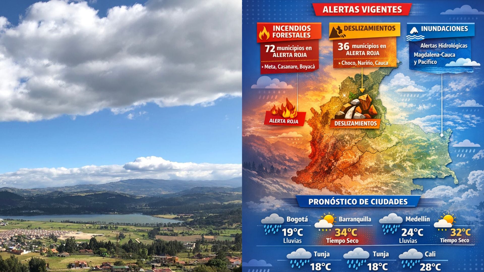 Mapa que incica que babitantes de distintas regiones se preparan ante lluvias, incendios y deslizamientos mientras siguen las alertas del Ideam.