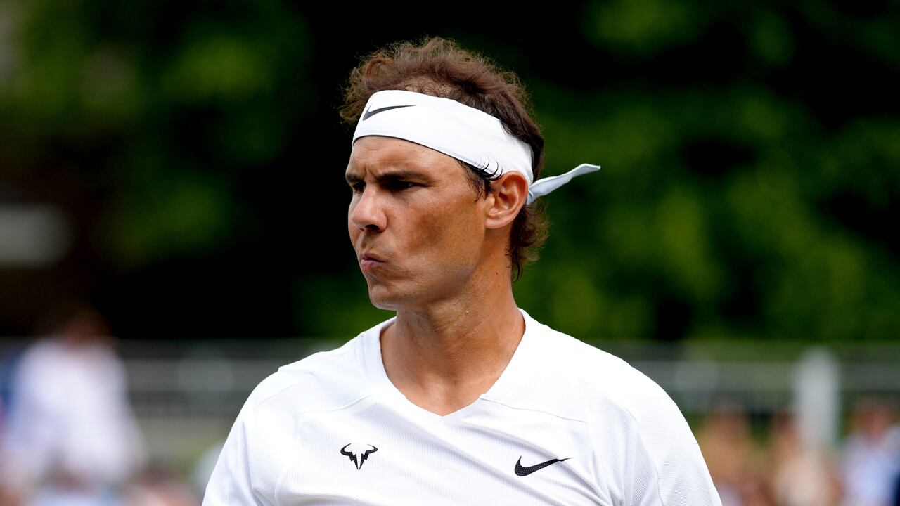 Spain's Rafael Nadal during his match against Canada's Felix Auger Aliassime on day four of the Giorgio Armani Tennis Classic at The Hurlingham Club, London, Friday June 24, 2022. (John Walton/PA via AP)
