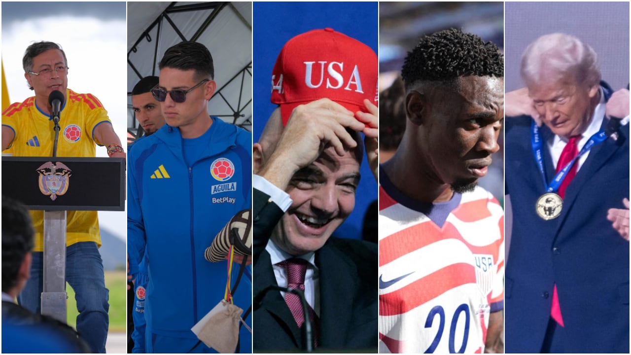 De izquierda a derecha: el presidente, Gustavo Petro; James Rodríguez, futbolista de la Selección Colombia; Gianni Infantino, presidente de la Fifa; Folarin Balogun, futbolista estadounidense y Donald Trump, presidente de Estados Unidos