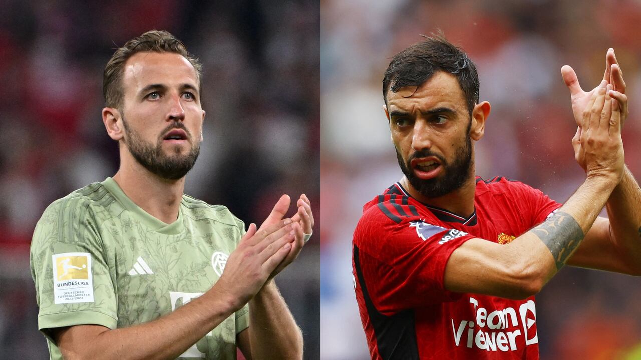 Harry Kane, delantero del Bayern, y Bruno Fernandes, volante del Manchester United.