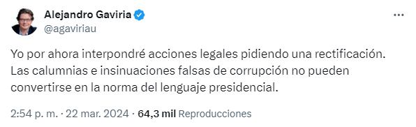 El exministro Alejandro Gaviria emprenderá acciones legales contra Gustavo Petro por calumnia.