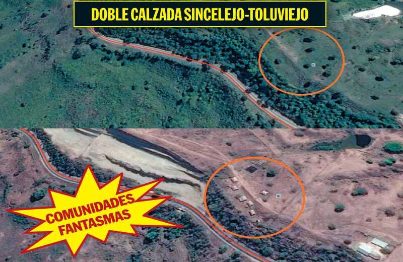 El proyecto Córdoba-Sucre sufrió una parálisis por la decisión de un tribunal que le dio la razón a una comunidad que apareció de la noche a la mañana en el  tramo Sincelejo-Toluviejo. En la foto se ve cómo antes no existían las casas y desde hace un año ya van cinco.